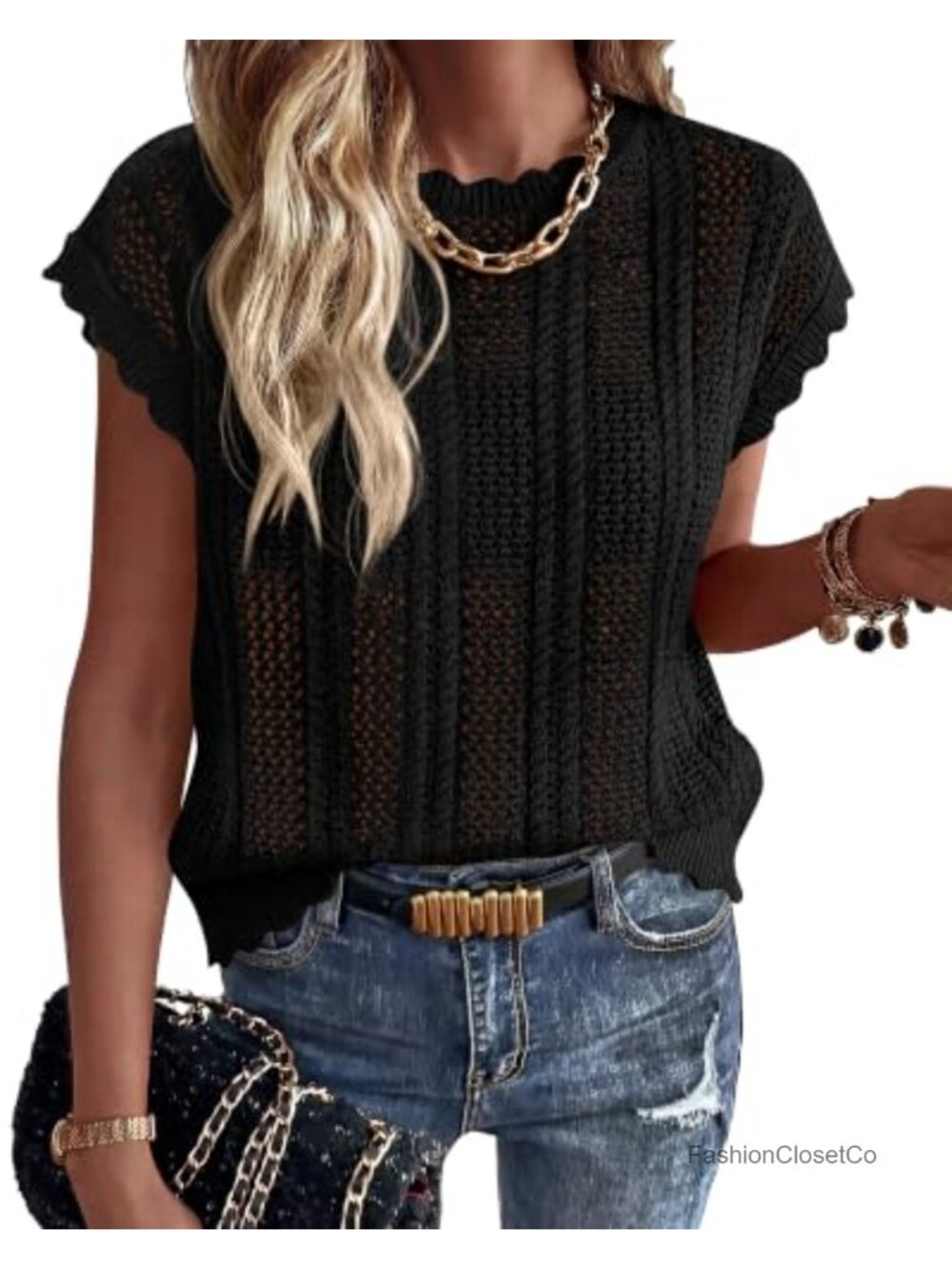 Crochet Short Sleeve Sweater Vest Cotton Blend Loose Fit Summer Top